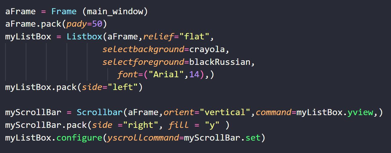 Create a frame containing a listbox linked to a scrollbar - python code