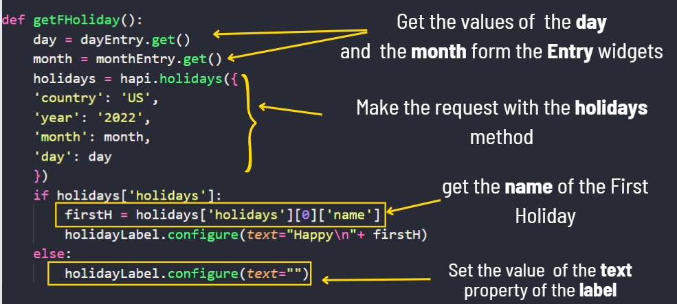 get the holiday of a date with holiday api and display it on a label with python - code picture?